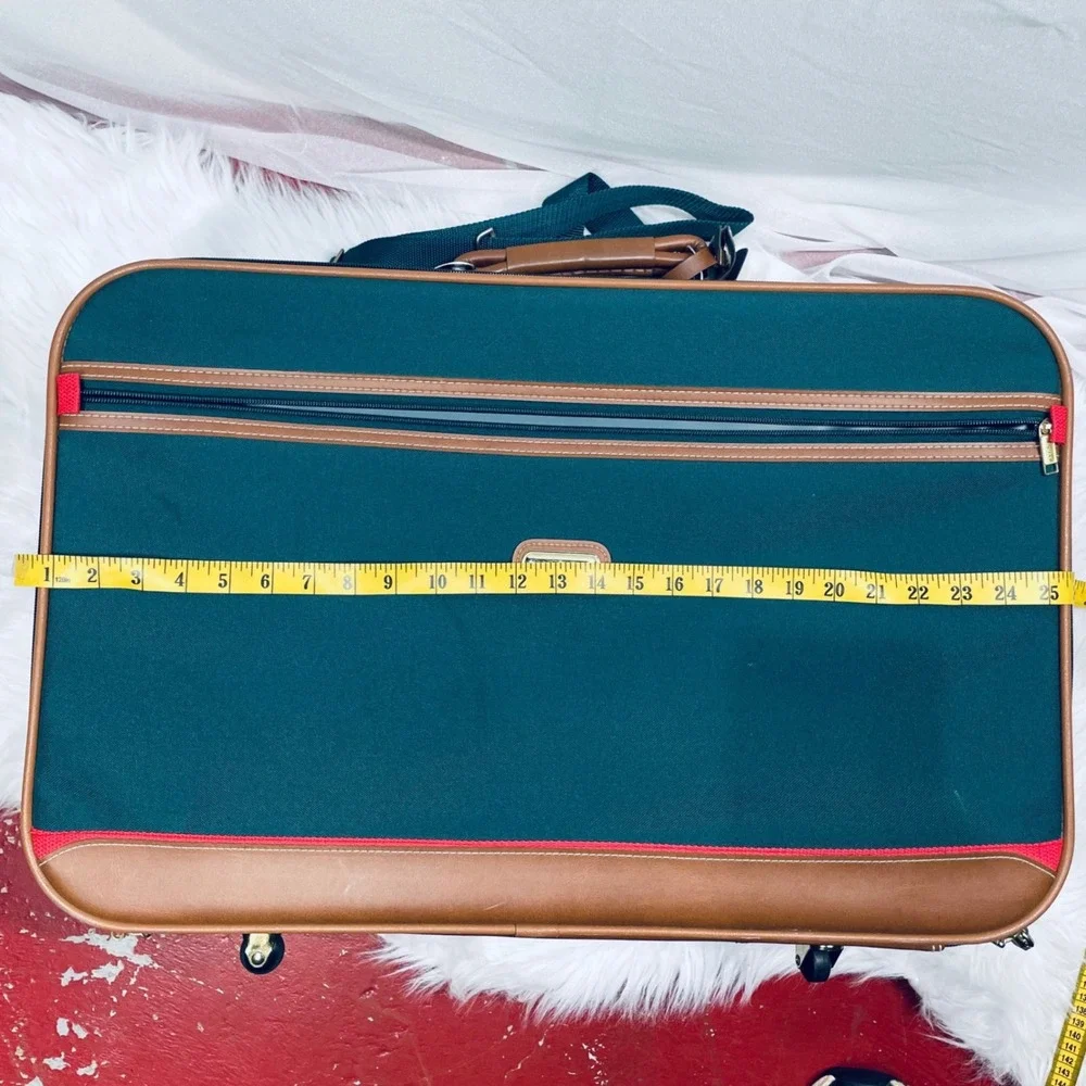 Jaguar Rolling Suitcase Green Canvas Faux Leather Large Vintage Bag